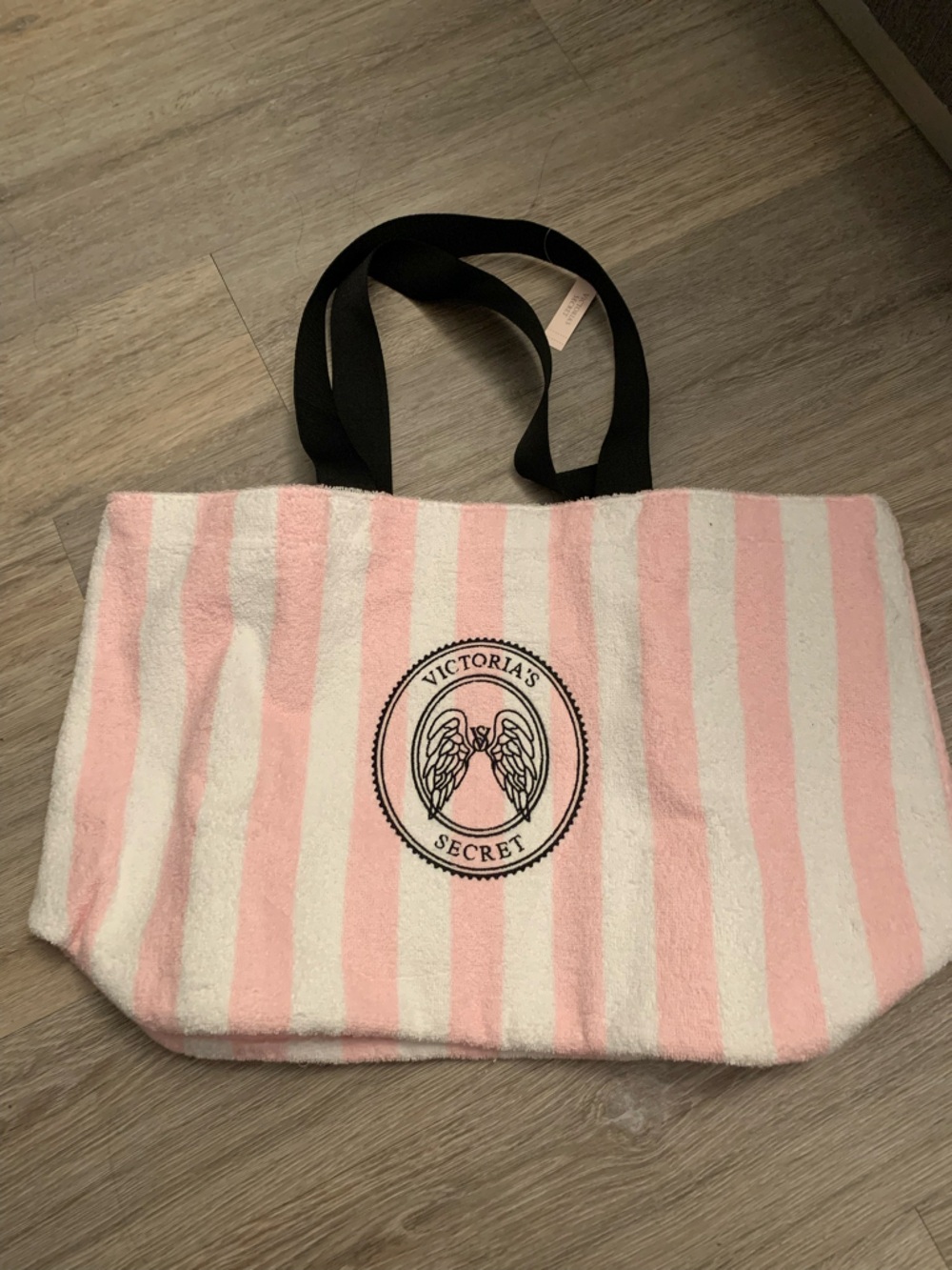 NWT Victoria's Secret Pink and White Striped Towel with Black Wing Emblem